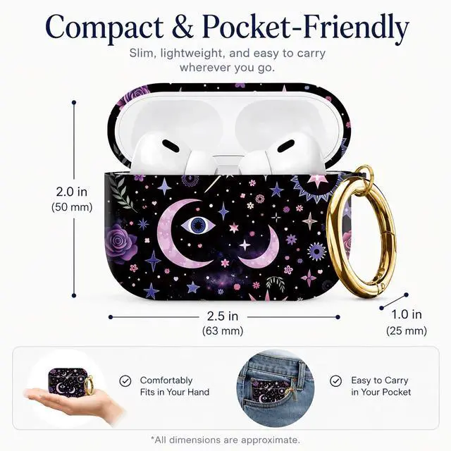 Alt view image 3 of 7 - Compatible with AirPod Pro 3 Case 2025,Shockproof Protective Cover with Keychain,Multi-Theme Graphic Design Shell for Men Women,Ideal for Gym&Travel(Mystic Stars Roses Moons Eyes Feathers)