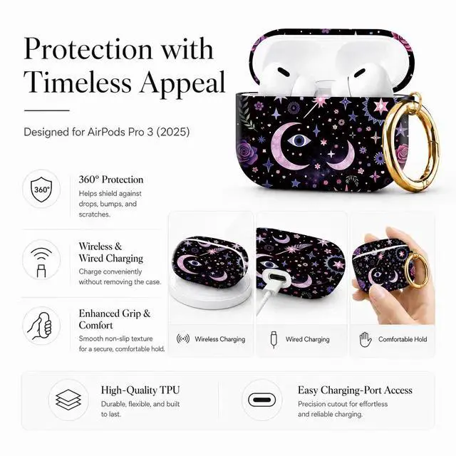 Alt view image 5 of 7 - Compatible with AirPod Pro 3 Case 2025,Shockproof Protective Cover with Keychain,Multi-Theme Graphic Design Shell for Men Women,Ideal for Gym&Travel(Mystic Stars Roses Moons Eyes Feathers)