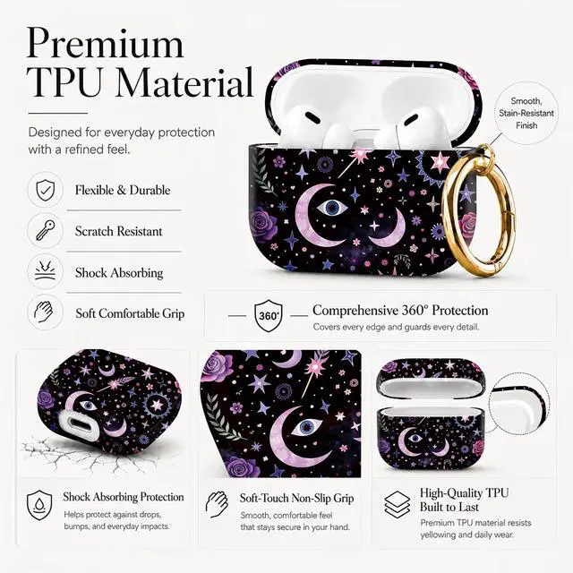 Alt view image 6 of 7 - Compatible with AirPod Pro 3 Case 2025,Shockproof Protective Cover with Keychain,Multi-Theme Graphic Design Shell for Men Women,Ideal for Gym&Travel(Mystic Stars Roses Moons Eyes Feathers)
