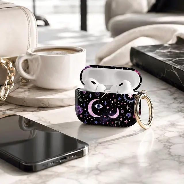 Alt view image 4 of 7 - Compatible with AirPod Pro 3 Case 2025,Shockproof Protective Cover with Keychain,Multi-Theme Graphic Design Shell for Men Women,Ideal for Gym&Travel(Mystic Stars Roses Moons Eyes Feathers)