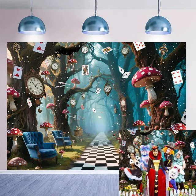 Main image of Halloween Enchanted Forest Backdrop Wonderland Tea Party Checkerboard Mushroom Photography Background Kids Birthday Baby Shower Halloween Family Party Banner Decorations 8x6FT