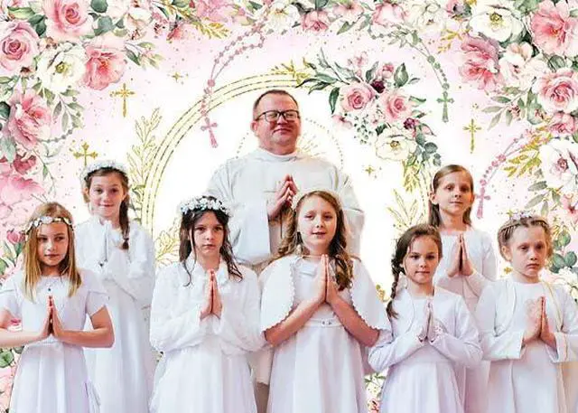 Alt view image 2 of 7 - Mi Primera Comunion Backdrop Banner Pink First Holy Communion Background God Bless Christening Comunion Baby Baptism Party Decorations Banner Photo Props (Pink, 8x6FT(94 x 70 inch))