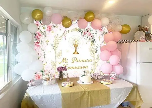 Alt view image 3 of 7 - Mi Primera Comunion Backdrop Banner Pink First Holy Communion Background God Bless Christening Comunion Baby Baptism Party Decorations Banner Photo Props (Pink, 8x6FT(94 x 70 inch))