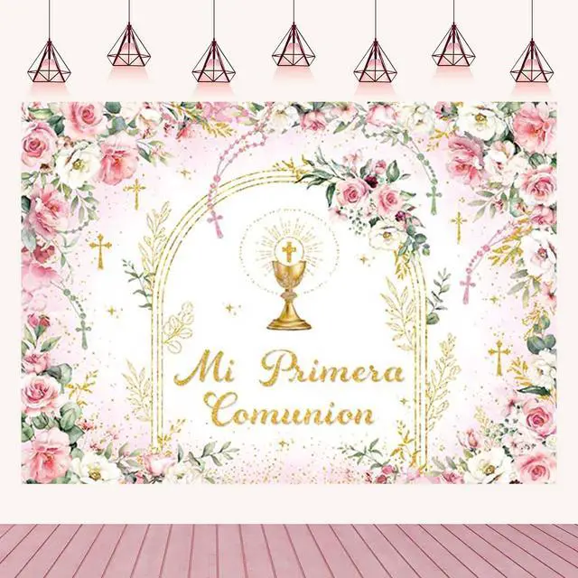 Main image of Mi Primera Comunion Backdrop Banner Pink First Holy Communion Background God Bless Christening Comunion Baby Baptism Party Decorations Banner Photo Props (Pink, 8x6FT(94 x 70 inch))