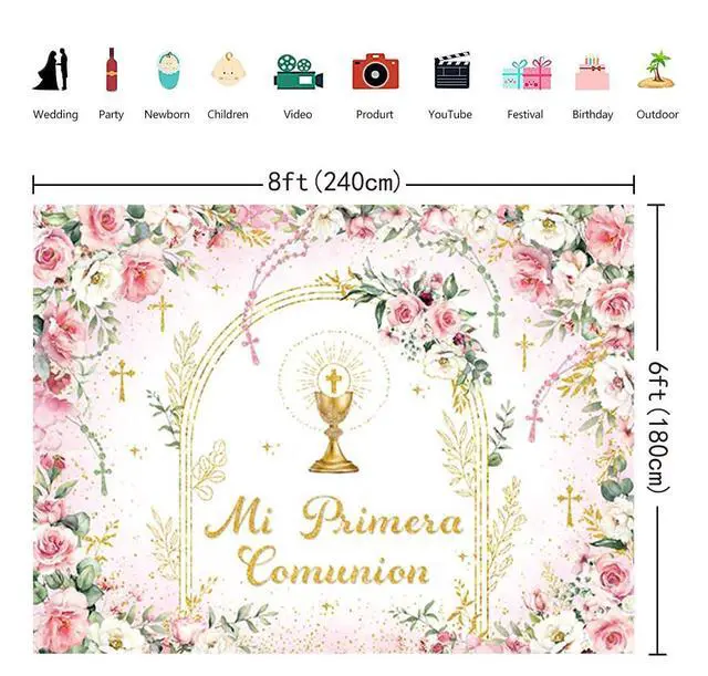 Alt view image 5 of 7 - Mi Primera Comunion Backdrop Banner Pink First Holy Communion Background God Bless Christening Comunion Baby Baptism Party Decorations Banner Photo Props (Pink, 8x6FT(94 x 70 inch))