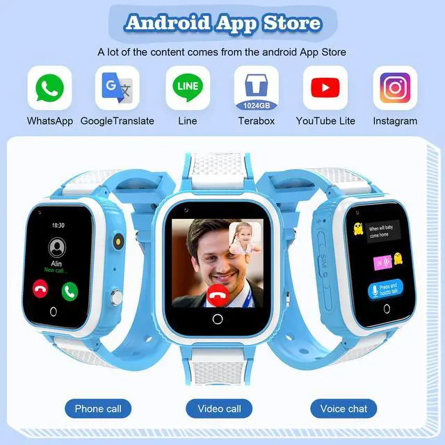 Alt view image 2 of 6 - 4G Smart Watch Phone for Kids with GPS Tracker, Blue | 1.83" Large Touch Screen, WiFi, Call, Voice Video Chat, Whatsapp, SOS, Bluetooth, Alarm, Pedometer, Music, Age 4-15