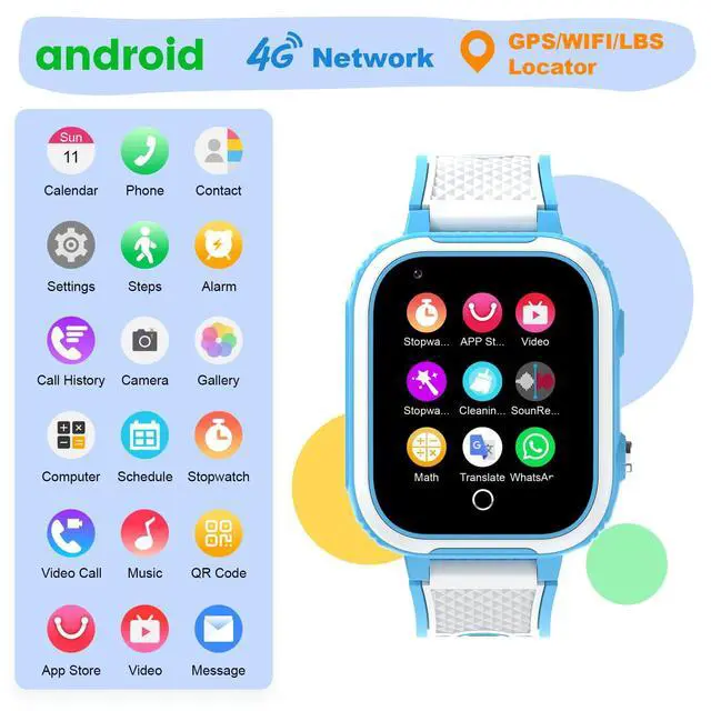 Alt view image 3 of 6 - 4G Smart Watch Phone for Kids with GPS Tracker, Blue | 1.83" Large Touch Screen, WiFi, Call, Voice Video Chat, Whatsapp, SOS, Bluetooth, Alarm, Pedometer, Music, Age 4-15