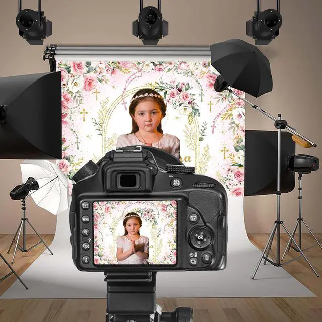 Alt view image 7 of 7 - Mi Primera Comunion Backdrop Banner Pink First Holy Communion Background God Bless Christening Comunion Baby Baptism Party Decorations Banner Photo Props (Pink, 8x6FT(94 x 70 inch))