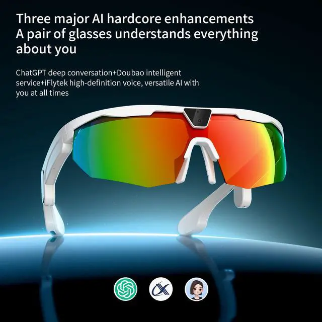 Alt view image 4 of 7 - AI Smart Glasses with 8MP Camera 6-Axis EIS Stabilization, ChatGPT Voice Assistant, IP66 Waterproof 4K Sports Sunglasses, Dual-Mic ENC Noise Cancelling, Type-C Convenient Charging Port (White)