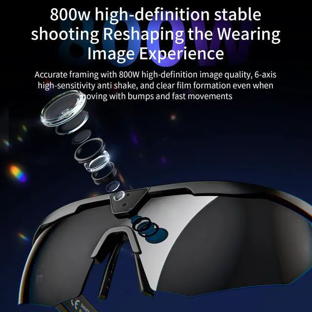 Alt view image 2 of 7 - AI Smart Glasses with 8MP Camera 6-Axis EIS Stabilization, ChatGPT Voice Assistant, IP66 Waterproof 4K Sports Sunglasses, Dual-Mic ENC Noise Cancelling, Type-C Convenient Charging Port (Black)