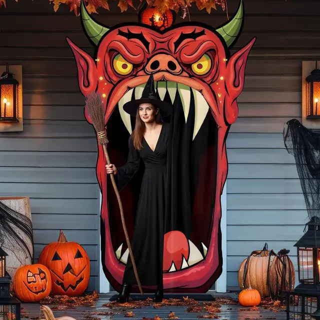 Main image of Halloween Door Cover Decoration Creepy Door Backdrop for Halloween Garage Window Wall Porch Haunted House Terror Trunk or Treat Car Decoration Scary Evil Photo Booth Props(Bull Monster)