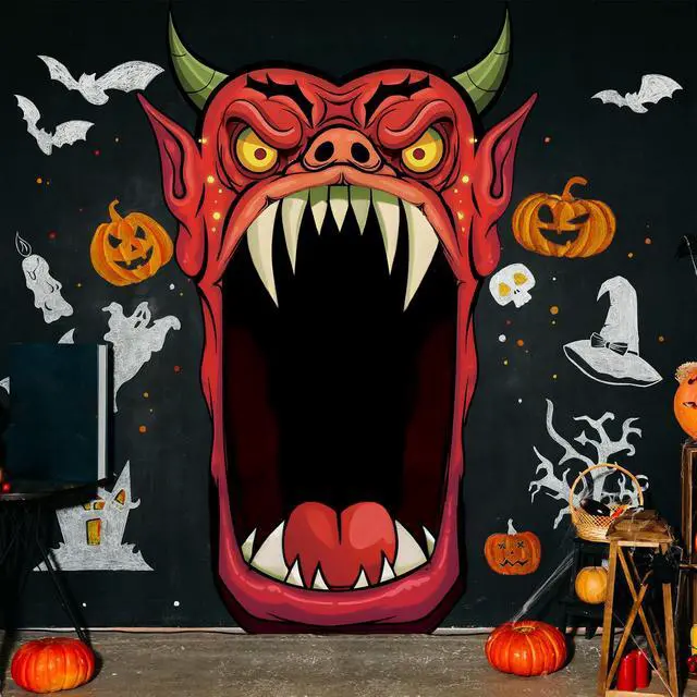 Alt view image 3 of 7 - Halloween Door Cover Decoration Creepy Door Backdrop for Halloween Garage Window Wall Porch Haunted House Terror Trunk or Treat Car Decoration Scary Evil Photo Booth Props(Bull Monster)