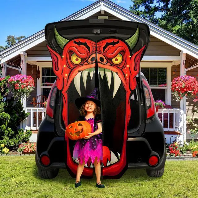 Alt view image 2 of 7 - Halloween Door Cover Decoration Creepy Door Backdrop for Halloween Garage Window Wall Porch Haunted House Terror Trunk or Treat Car Decoration Scary Evil Photo Booth Props(Bull Monster)