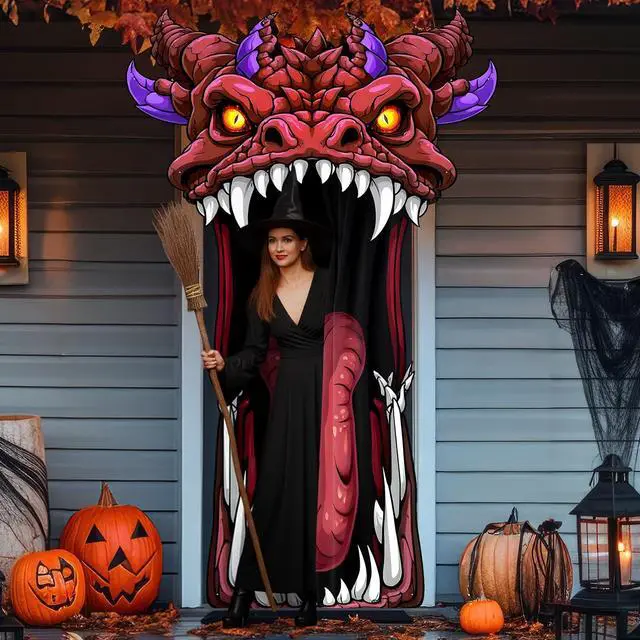 Main image of Halloween Door Cover Decoration Creepy Door Backdrop for Halloween Garage Window Wall Porch Haunted House Terror Trunk or Treat Car Decoration Scary Evil Photo Booth Props(Dragon Monster)