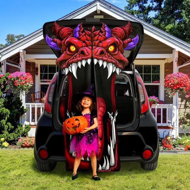 Alt view image 2 of 7 - Halloween Door Cover Decoration Creepy Door Backdrop for Halloween Garage Window Wall Porch Haunted House Terror Trunk or Treat Car Decoration Scary Evil Photo Booth Props(Dragon Monster)
