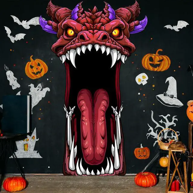 Alt view image 3 of 7 - Halloween Door Cover Decoration Creepy Door Backdrop for Halloween Garage Window Wall Porch Haunted House Terror Trunk or Treat Car Decoration Scary Evil Photo Booth Props(Dragon Monster)