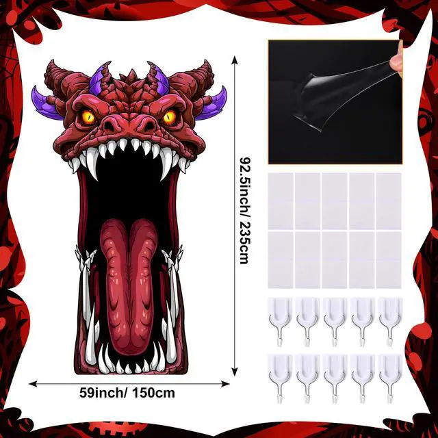 Alt view image 5 of 7 - Halloween Door Cover Decoration Creepy Door Backdrop for Halloween Garage Window Wall Porch Haunted House Terror Trunk or Treat Car Decoration Scary Evil Photo Booth Props(Dragon Monster)