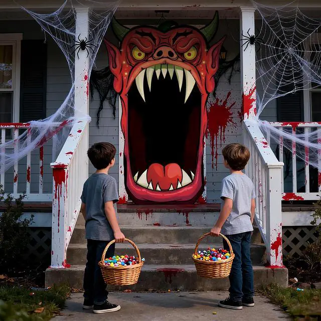 Alt view image 6 of 7 - Halloween Door Cover Decoration Creepy Door Backdrop for Halloween Garage Window Wall Porch Haunted House Terror Trunk or Treat Car Decoration Scary Evil Photo Booth Props(Bull Monster)