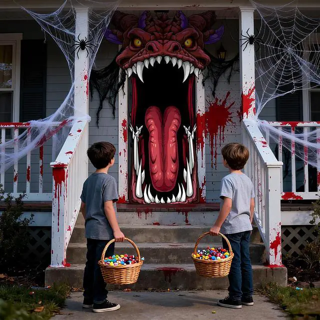 Alt view image 6 of 7 - Halloween Door Cover Decoration Creepy Door Backdrop for Halloween Garage Window Wall Porch Haunted House Terror Trunk or Treat Car Decoration Scary Evil Photo Booth Props(Dragon Monster)
