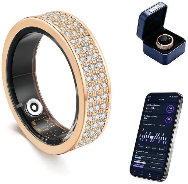Main image of Venlan Smart Ring for Women - Elegant Rose Glod Fitness Ring with 100+ Zirconia Crystals, Dual-Plated Platinum Coating, Real-Time Heart Rate, Sleep & Temperature Monitoring(#10)