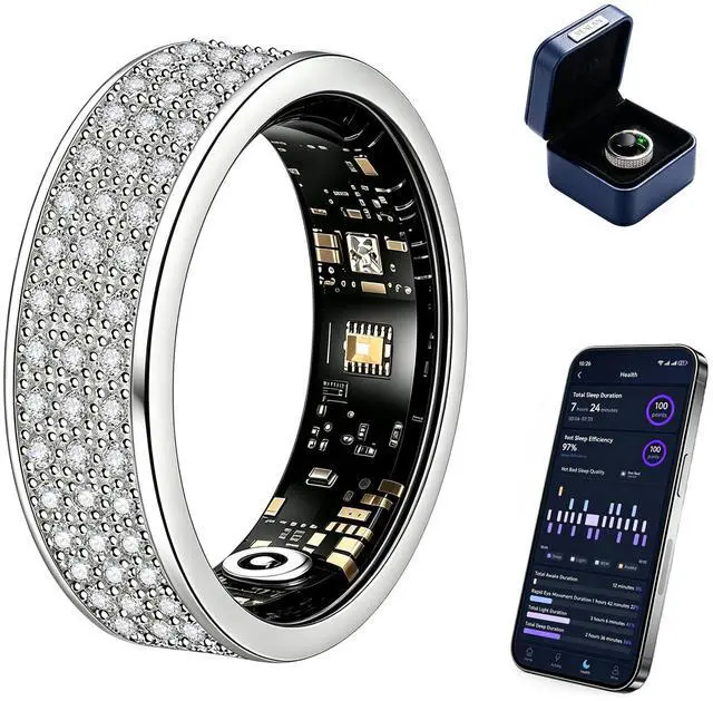 Main image of Venlan Smart Ring for Women - Elegant Silver Fitness Ring with 100+ Zirconia Crystals, Dual-Plated Platinum Coating, Real-Time Heart Rate, Sleep & Temperature Monitoring(Silver,#10)