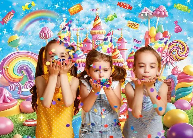 Alt view image 3 of 7 - Sweet Candyland Backdrop Rainbow Castle Lollipop Ice Cream Candy Photography Background Girl Princess Kids Birthday Banner Baby Shower Cake Table Decorations 7x5FT