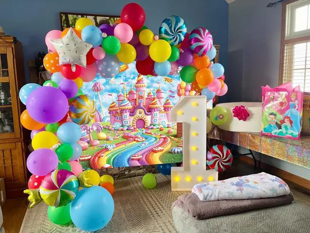 Alt view image 4 of 7 - Sweet Candyland Backdrop Rainbow Castle Lollipop Ice Cream Candy Photography Background Girl Princess Kids Birthday Banner Baby Shower Cake Table Decorations 7x5FT