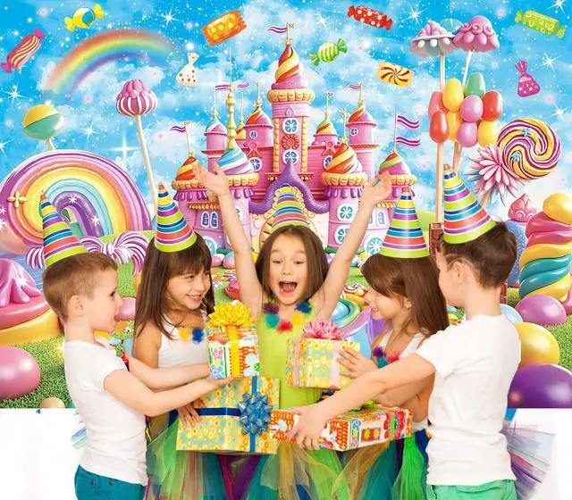 Alt view image 5 of 7 - Sweet Candyland Backdrop Rainbow Castle Lollipop Ice Cream Candy Photography Background Girl Princess Kids Birthday Banner Baby Shower Cake Table Decorations 7x5FT