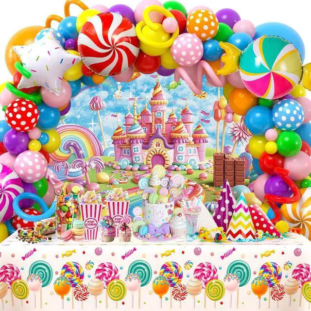 Alt view image 6 of 7 - Sweet Candyland Backdrop Rainbow Castle Lollipop Ice Cream Candy Photography Background Girl Princess Kids Birthday Banner Baby Shower Cake Table Decorations 7x5FT