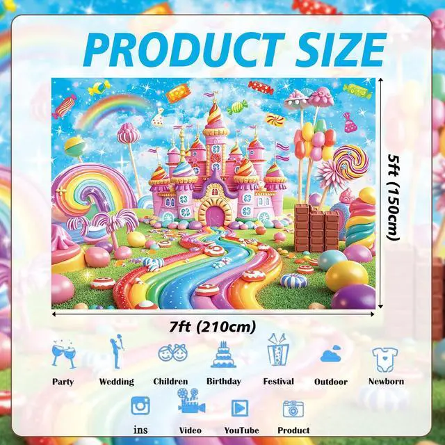 Alt view image 7 of 7 - Sweet Candyland Backdrop Rainbow Castle Lollipop Ice Cream Candy Photography Background Girl Princess Kids Birthday Banner Baby Shower Cake Table Decorations 7x5FT