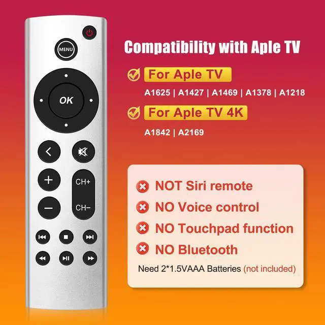 Alt view image 4 of 6 - 2PC Universal Replacement Remote for Aple TV 4K/ Gen 1 2 3 4/ HD A2843 A2737 A2169 A1842 A1625 A1427 A1469 A1378 A1218 (NO Voice
