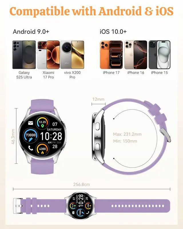 Alt view image 7 of 7 - Smart Watch Fitness Tracker for iPhone Android for Women Men, Activity Tracker with Calorie & Step Counter, 150+ Sports, Daily Workout & Sleep MonitorIP68 Waterproof Smartwatch (Purple)