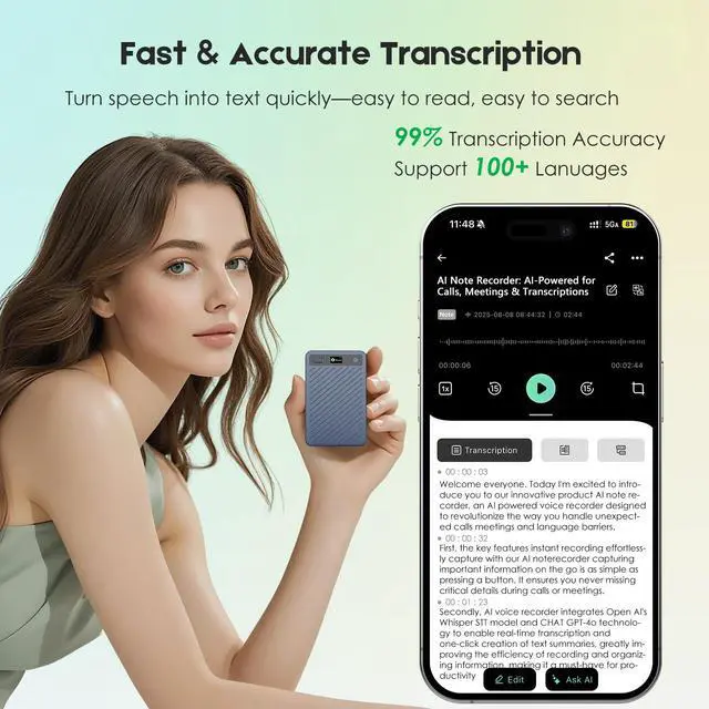 Alt view image 3 of 6 - AI Voice Recorder with Transcription, AI Note Recorder with App Control, AI Transcribe & Summarize, Support 100+ Languages Audio Recorders for Lecture Meeting Call International Exchange