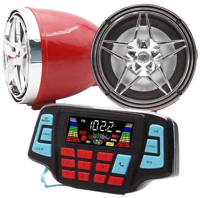 Main image of 3" Motorcycle Weatherproof Bluetooth Wireless Speaker MP3 Music Player Sound Audio Stereo Amplifier System ATV UTV USB 2.0, Micro SD, FM Radio (Silver &Red Star Speaker)