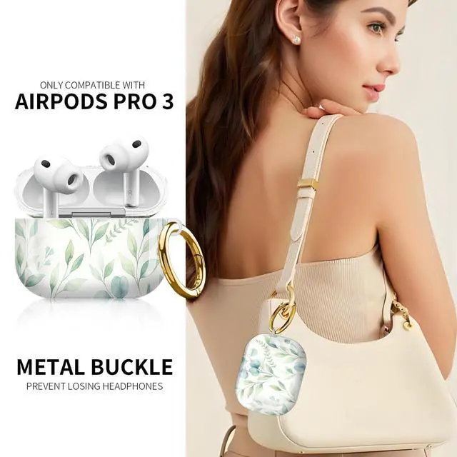 Alt view image 2 of 6 - Compatible with AirPod Pro 3rd Generation Case 2025,Fashion Protective Cover with Keychain, Anti-Scratch, Drop Protection,Shockproof Cover for AirPod Pro 3 Women(Green Leaf Branches)