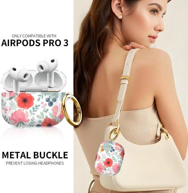 Alt view image 2 of 6 - Compatible with AirPod Pro 3rd Generation Case 2025,Fashion Protective Cover with Keychain, Anti-Scratch, Drop Protection,Shockproof Cover for AirPod Pro 3 Women(Pink Green Flower)