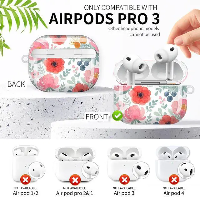 Alt view image 3 of 6 - Compatible with AirPod Pro 3rd Generation Case 2025,Fashion Protective Cover with Keychain, Anti-Scratch, Drop Protection,Shockproof Cover for AirPod Pro 3 Women(Pink Green Flower)