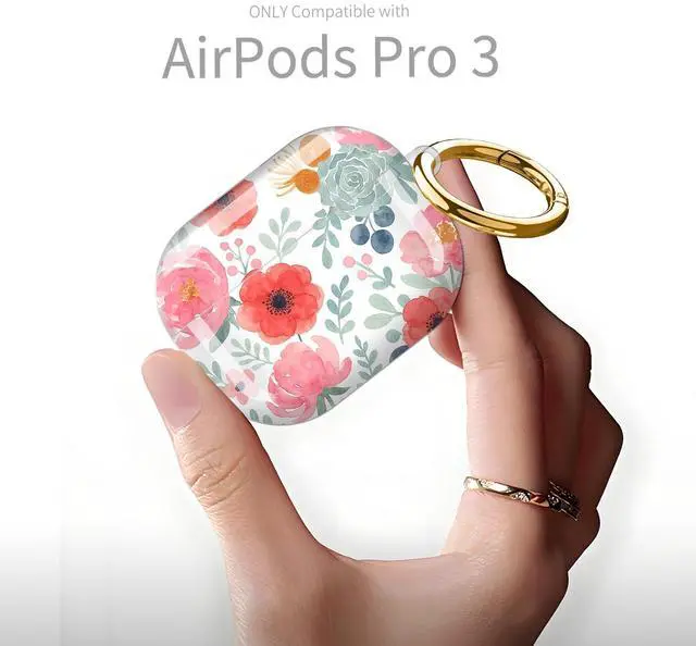 Alt view image 6 of 6 - Compatible with AirPod Pro 3rd Generation Case 2025,Fashion Protective Cover with Keychain, Anti-Scratch, Drop Protection,Shockproof Cover for AirPod Pro 3 Women(Pink Green Flower)