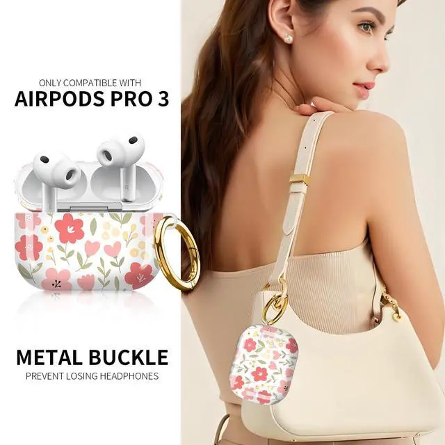 Alt view image 2 of 6 - Compatible with AirPod Pro 3rd Generation Case 2025,Fashion Protective Cover with Keychain, Anti-Scratch, Drop Protection,Shockproof Cover for AirPod Pro 3 Women(Pink Flowers)