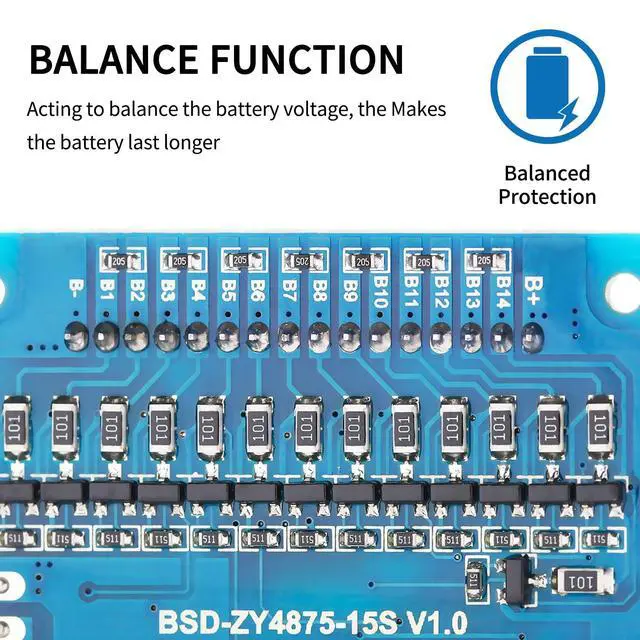 Alt view image 4 of 7 - 15S BMS 48V 20A Lifepo4 Battery Management System PCB Protection Board with Balance Wire and NTC,Ten Functional protections, Common Port, for Lifepo4 Battery Pack (15S 48V 20A)