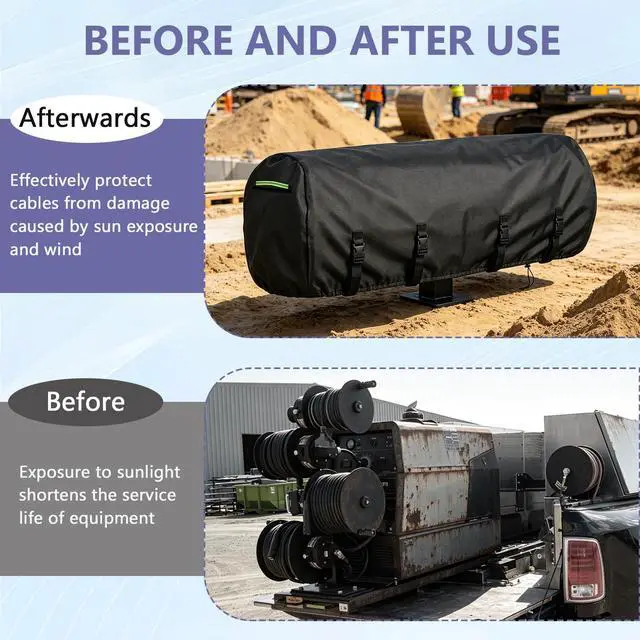 Alt view image 3 of 6 - Welding Lead Reel Cover, 600D Waterproof Double Reel Cover Layer with Grips and Windproof Double Buckles, Fits Various Dual Cable Reels (35×14×14in)