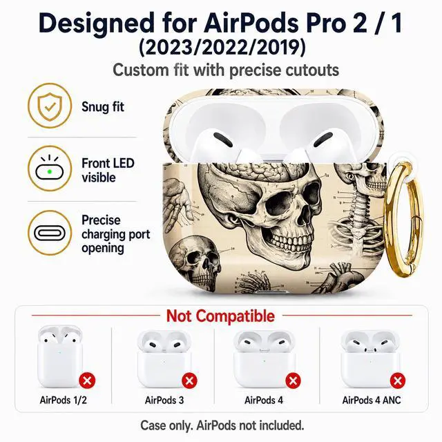 Alt view image 5 of 7 - Compatible with AirPod Pro 2nd/1st Generation Case Cover with Key Chain,Full Protective Shockproof Wireless Headphone Case for Airpod Pro 2023/2022/2019(Skeleton Brain Heart Skull Diagram)