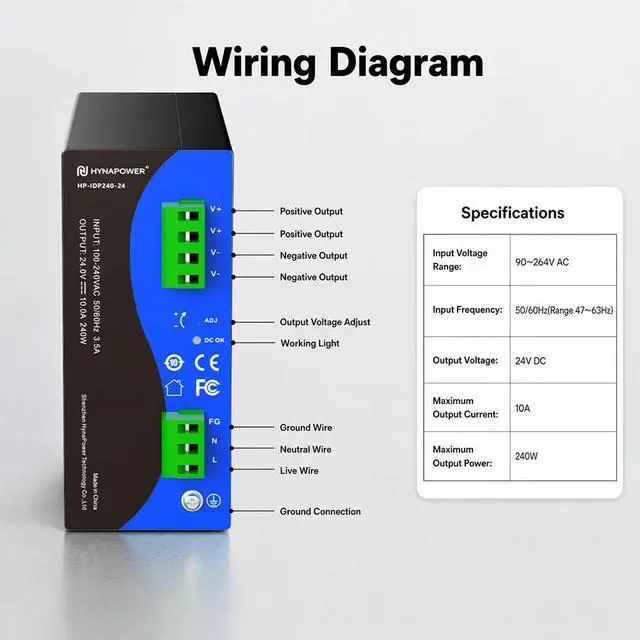 Alt view image 2 of 7 - 24VDC 240W Industrial DIN-Rail Power Supply Switch Switching Converter DC | Input 100-240VAC, Output 24VDC 10A, 50/60HZ, Multiple Protection
