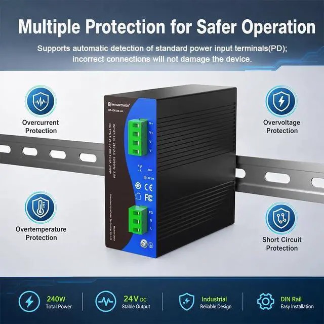 Alt view image 3 of 7 - 24VDC 240W Industrial DIN-Rail Power Supply Switch Switching Converter DC | Input 100-240VAC, Output 24VDC 10A, 50/60HZ, Multiple Protection