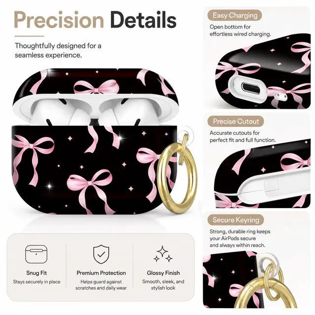 Alt view image 3 of 7 - Compatible with AirPod Pro 2nd/1st Generation Case Cover with Key Chain,Full Protective Shockproof Wireless Headphone Case for Airpod Pro 2023/2022/2019(Pink Bows On Black with Sparkles)