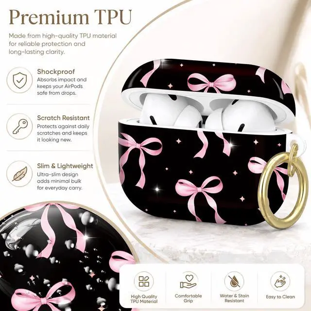 Alt view image 4 of 7 - Compatible with AirPod Pro 2nd/1st Generation Case Cover with Key Chain,Full Protective Shockproof Wireless Headphone Case for Airpod Pro 2023/2022/2019(Pink Bows On Black with Sparkles)