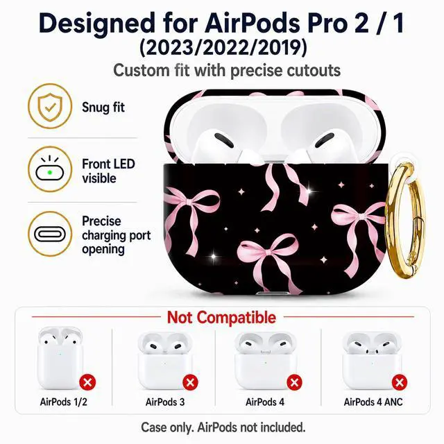 Alt view image 5 of 7 - Compatible with AirPod Pro 2nd/1st Generation Case Cover with Key Chain,Full Protective Shockproof Wireless Headphone Case for Airpod Pro 2023/2022/2019(Pink Bows On Black with Sparkles)