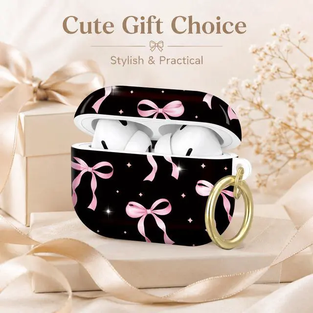 Alt view image 7 of 7 - Compatible with AirPod Pro 2nd/1st Generation Case Cover with Key Chain,Full Protective Shockproof Wireless Headphone Case for Airpod Pro 2023/2022/2019(Pink Bows On Black with Sparkles)