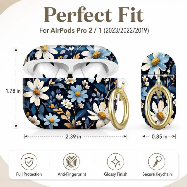 Alt view image 2 of 7 - Compatible with AirPod Pro 2nd/1st Generation Case Cover with Key Chain,Full Protective Shockproof Wireless Headphone Case for Airpod Pro 2023/2022/2019(Daisy Flowers Blue Leaves)