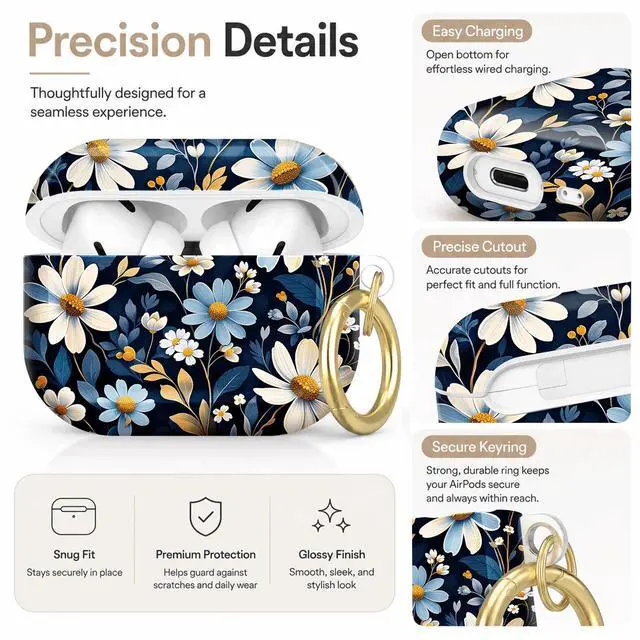 Alt view image 3 of 7 - Compatible with AirPod Pro 2nd/1st Generation Case Cover with Key Chain,Full Protective Shockproof Wireless Headphone Case for Airpod Pro 2023/2022/2019(Daisy Flowers Blue Leaves)